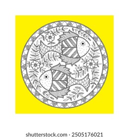 Fish madhubani art , beautiful madhubani fish painting on yellow background , for print on demand cushion , mugs stationaries