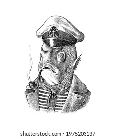 Fish man sailor with a pipe. Mariner in a cap and vest. Fashion animal character. Hand drawn sketch. Vector engraved illustration for label, logo and T-shirts or tattoo.