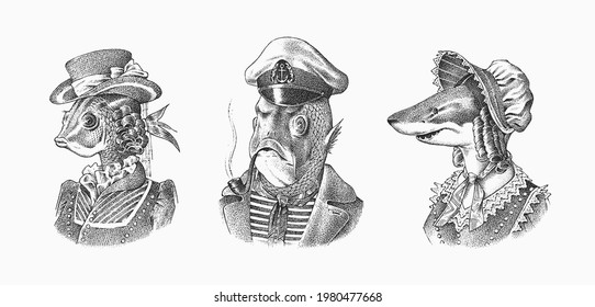 Fish man sailor with a pipe. Fish victorian lady. Woman in hat and suit. Mariner in a cap and vest. Fashion animal character. Hand drawn sketch. Engraved illustration for and T-shirts or tattoo.