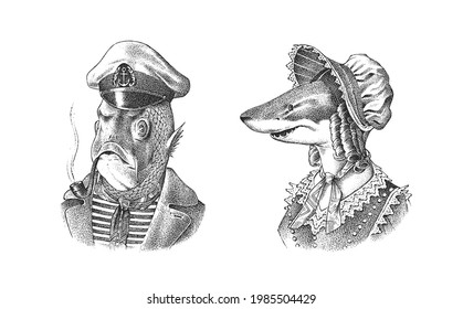 Fish man sailor with a pipe. Fish victorian lady. Woman in hat and suit. Mariner in a cap and vest. Fashion animal character. Hand drawn sketch. Engraved illustration for and T-shirts or tattoo.