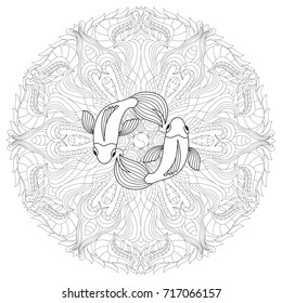 Fish mandala coloring page for adults. Outline marine doodle pattern.