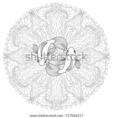 Fish Mandala Coloring Page For Adults Outline Marine Doodle Pattern