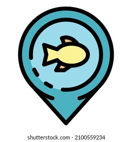 Fish Map Pin Icon. Outline Fish Map Pin Vector Icon Color Flat Isolated