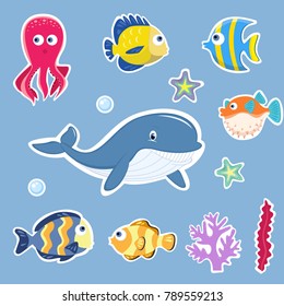 Fish And Marine Animals Cartoon Set 