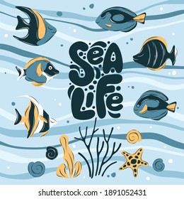 Fish and marine animals in ocean. Design Lettering  Sea Life. Set of marine life objects for your design. Flat cartoon vector illustration.
