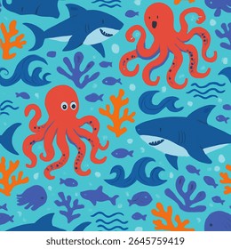Fish and marine animals seamless pattern, sea waves,sharks, whale and octopus, vector illustration