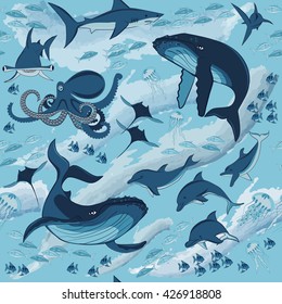 Fish and marine animals seamless pattern, sea waves, dolphins, sharks, whale and octopus, vector illustration