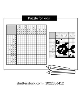 Fisch. Meeresleben. Schwarz-weißes japanisches Kreuzworträtsel mit Antwort. Nonogramm mit Antwort. Grafisches Kreuzworträtsel Puzzle-Spiel für Kinder.