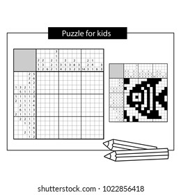 Fish. Marine life. Black and white japanese crossword with answer. Nonogram with answer. Graphic crossword. Puzzle game for kids.