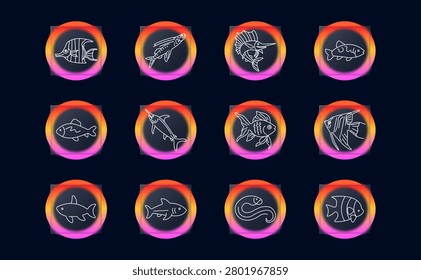 Fish and marine life set icon. Tropical fish, tuna, swordfish, aquarium fish, freshwater species, eel, shark silhouettes displayed in circular gradient frames.