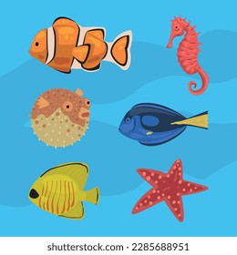 Fish and Marine Mammals as Sea and Underwater World Vector Set