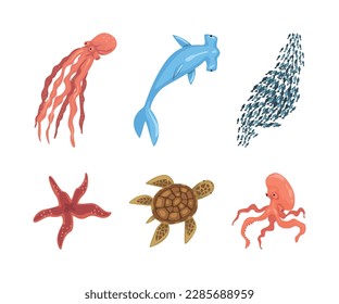 Fish and Marine Mammals as Sea and Underwater World Vector Set