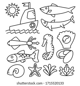 fish, marine and ocean life concept line design theme