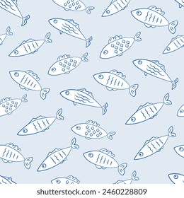 Fish marine sealife seamless pattern with white outline contour fishes drawings on light blue background vector texture. Textile fabric print. Gift wrapping paper.Repeating tile. Design template. 