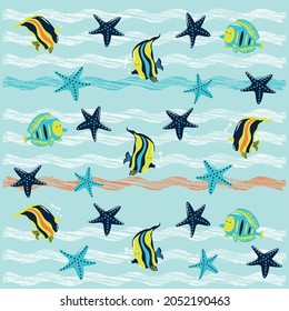 Fish and marine stars pattern with sky background fashion design