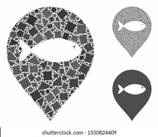 Fish marker mosaic of joggly elements in various sizes and color tones, based on fish marker icon. Vector raggy elements are grouped into collage. Fish marker icons collage with dotted pattern.
