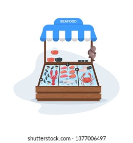 Fish market concept. Seafood in ice. Salmon and tuna, showcase full of fish. Street counter. Isolated vector cartoon illustration