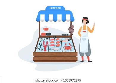 Fish market concept. Seafood in ice and seller standing. Salmon and tuna, showcase full of fish. Street counter. Isolated vector cartoon illustration