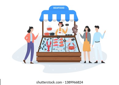 Fish market concept. Seafood in ice and seller standing. Salmon and tuna, showcase full of fish. Street counter and customer. Isolated vector cartoon illustration