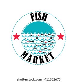 Fish market logo. Vector local fish market logo. Vector seafood market emblem. Cartoon fish pattern. 