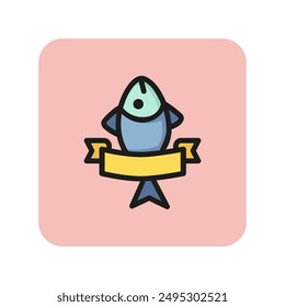 Fish market opening line icon. Ribbon, present, emblem. Seafood concept. Can be used for topics like fishery, food industry, sea food