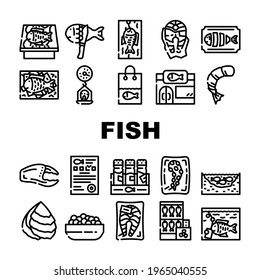 Fish Market Product Icon Collection Set Vector. Smoking And Frozen Fish, Octopus Tentacles And Peeled Shrimp Package, Store Aquarium And Pond Black Contour Illustrations