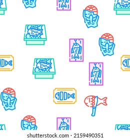 Fish Market Product Vector Seamless Pattern Color Line Illustration