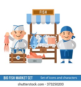  Fish market with sellers and seafood. Cartoon characters and scenery of the fish market. Sellers of fish and their showcase in a flat style.