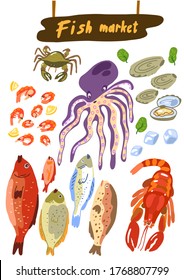 Fish market sketch. Seafood street shop assortment. Crab and shrimp store. Oyster cropp lobster and octopus. Hand drawn. Poster. Vector cartoon.