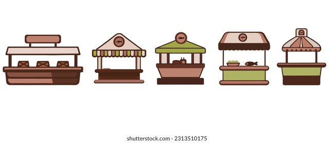 Fish market stall. Farmer market, food market,agriculture fair festival, street food icon set. Flat cartoon vector illustration.