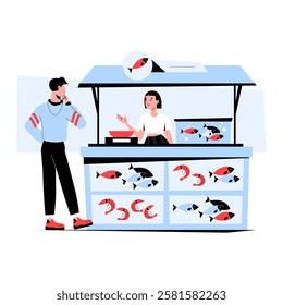 Fish Market Stall With Female Vendor And Male Customer In Flat Vector Illustration Symbolizing Seafood Sales, Street Market, And Fresh Fish Business, Isolated On White Background