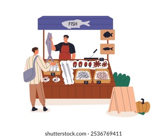 Vaga no mercado de peixe. Fishmonger vendendo frutos do mar frescos em quiosque ao ar livre. Compras de clientes, escolha de produtos de comida do mar local, mercado de rua. Ilustração de vetor plano isolada no plano de fundo branco