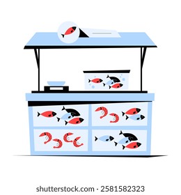 Fish Market Stall With Fresh Seafood In Flat Vector Illustration Symbolizing Seafood Business, Street Market, And Fresh Fish, Isolated On White Background