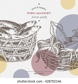 Fish market template with fish and seafood baskets. Great for markets, fishing, fish processing, canned fish, seafood product label design.