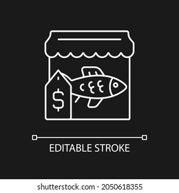 Fish market white linear icon for dark theme. Fresh and frozen seafood trade. Fish marketplace. Thin line customizable illustration. Isolated vector contour symbol for night mode. Editable stroke