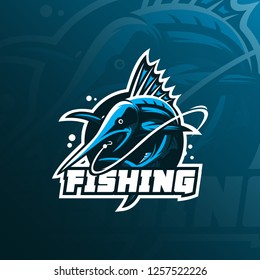 fish marlin mascot logo design vector with modern illustration concept style for badge, emblem and tshirt printing. fish marlin jumping illustration with fishing rod