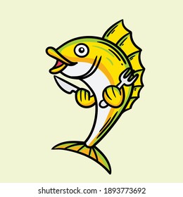 fish mascot logo carrying a knife and fork