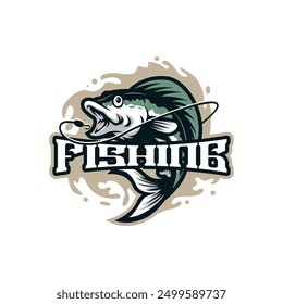Fisch Maskottchen Logo Design mit modernen Illustration Konzept Stil für Abzeichen, Emblem und T-Shirt Druck. Illustration zum Angeln.