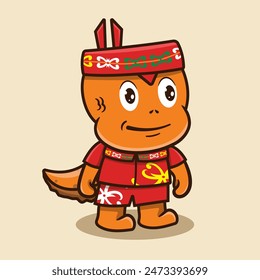 Fish mascot Traditional design illustration, Cute fish mascot with custom indonesian traditional attire and plumage