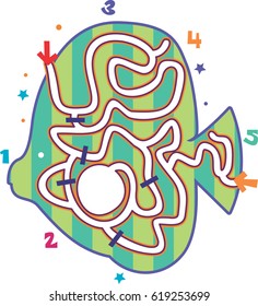 fish maze. fun gaming for children. for children books. maze illustration 