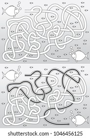 Fish maze for kids with a solution in black and white