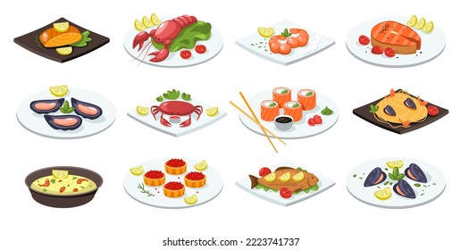 Fish meal. Cartoon seafood dishes traditional asian food, flat salmon roll lobster sushi mussel crab on plate japanese cuisine. Vector isolated set. Caviar, soup with prawns for restaurant menu