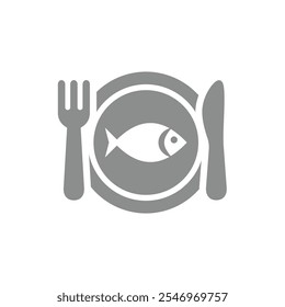 Fish meal with fork and knife vector. Seafood or sea food icon.