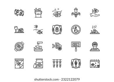 Fish Meal lines icon set. Fish Meal genres and attributes. Linear design. Lines with editable stroke. Isolated vector icons.