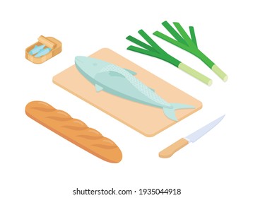 Fish Meal Prep Set. Isometric Vector Illustration In Flat Design.