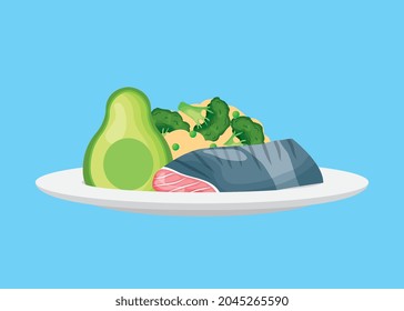 fish meat with avocado and broccoli healthy food .vector illustration