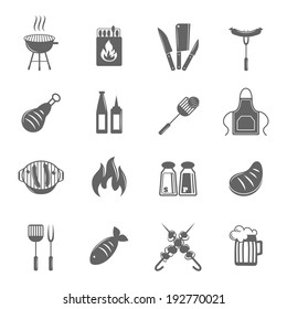 Fish and meat bbq food fire outdoor party icons set isolated vector illustration