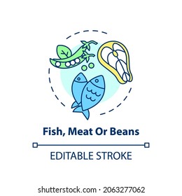 Fish, meat or beans concept icon. Getting proper amount of nutritions from school lunch. Healthy meal idea thin line illustration. Vector isolated outline RGB color drawing. Editable stroke