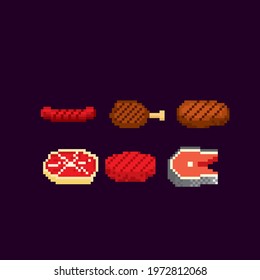 Fish, meat, chicken, beef, pork, steak, sausage. BBQ meat. Pixel icon. Pixel art. Old school computer graphic. 8 bit video game. Game assets 8-bit.