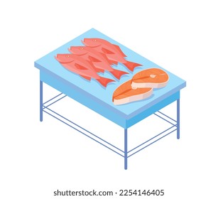 Concepto de carne de pescado. Producción de productos naturales y orgánicos, carne fresca y proteína. Transporte marítimo y logística. Alimentos y grasas saludables. Ilustración vectorial isométrica de dibujos animados